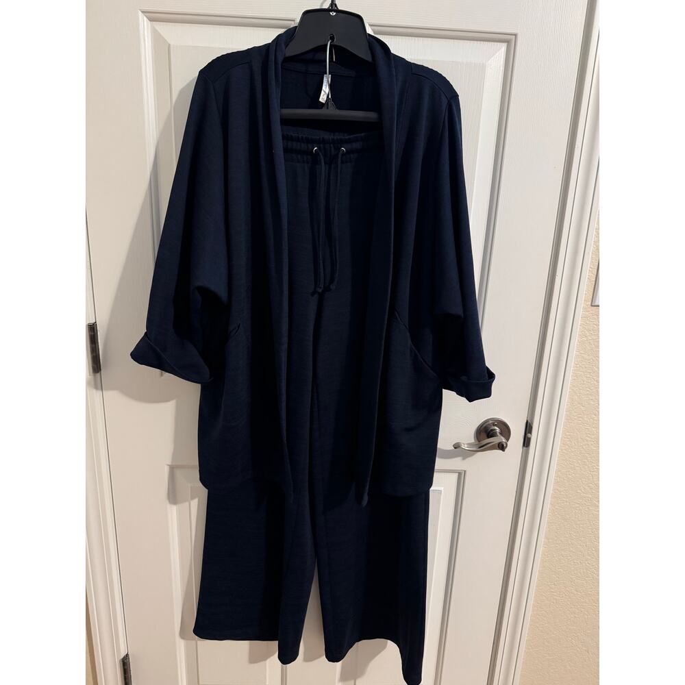 Passports 2pc Travel Lounge Pant Suit Wide Leg Blazer Pockets Blue L